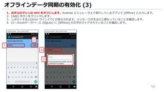 123
オフラインデータ同期の有効化 (3)
1. お手元のマシンの Wifi をオフにします。Android エミュレータ上で実行しているアプリで [Offline] と入力します。
2. [Add] ボタンをクリックします。
3. しばらくすると[Error ウインドウ] が表示されます。メッセージが先ほどと異なっていることを確認します。
4. ローカルのデータベース (SQLite) に [Offiline] の文字がストアされていることを確認します。
2
1
4
3
 