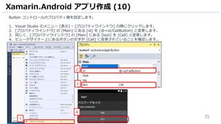 35
Button コントロールのプロパティ値を設定します。
1. Visual Studio のメニュー [表示] – [プロパティウインドウ] の順にクリックします。
2. [プロパティウインドウ] の [Main] にある [id] を [@+id/CallButton] と変更します。
3. 同じく、[プロパティウインドウ] の [Main] にある [text] を [Call] と変更します。
4. ビューデザイナー上にあるボタンの文字が [Call] に変更されていることを確認します。
Xamarin.Android アプリ作成 (10)
4
1
2
3
 