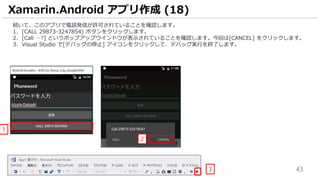 43
続いて、このアプリで電話発信が許可されていることを確認します。
1. [CALL 29873-3247854] ボタンをクリックします。
2. [Call …?] というポップアップウインドウが表示されていることを確認します。今回は[CANCEL] をクリックします。
3. Visual Studio で[デバッグの停止] アイコンをクリックして、デバッグ実行を終了します。
Xamarin.Android アプリ作成 (18)
3
2
1
 