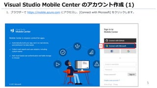 5
1. ブラウザーで https://mobile.azure.com にアクセスし、[Connect with Microsoft] をクリックします。
Visual Studio Mobile Center のアカウント作成 (1)
1
 