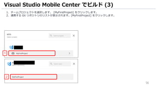 56
1. チームプロジェクトを選択します。 [MyFirstProject] をクリックします。
2. 連携する Git リポジトリのリストが表示されます。[MyFirstProject] をクリックします。
Visual Studio Mobile Center でビルド (3)
1
2
 