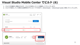 59
1. ビルドが自動的に開始されます。ビルドが成功したことを確認してクリックします。
2. ビルドが成功している場合は成果物をダウンロードできます。[Download] – [Download build] の順にクリックします。
Visual Studio Mobile Center でビルド (6)
1
2
 