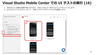 89
1. 今回のテスト結果の詳細が表示されます。[New Test] の一番下のステップをクリックします。
2. [左上のデバイス] をクリックして、失敗したテストのデバイスログを確認します。
Visual Studio Mobile Center での UI テストの実行 (16)
1
2
 