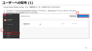 92
Visual Studio Mobile Center では、成果物をユーザーに配布することも行えます。
1. ブラウザーで Visual Studio Mobile Center にアクセスし、[Distribute アイコン] をクリックします。
2. [Distribute new release] をクリックします。
ユーザーへの配布 (1)
1
2
 