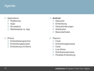 AgendaApplicationsPlattformenAppsKonzeptionMobilwebsite vs. AppiPhoneEntwicklerprogrammeEntwicklungsprozessEntwicklung mit DemoAndroidÜbersichtEntwicklungHerausforderungenDistributionBesonderheitenTitaniumFactsEntwicklungsprozessCodeLive-DemoDistributionsprozessParallele Entwicklung17