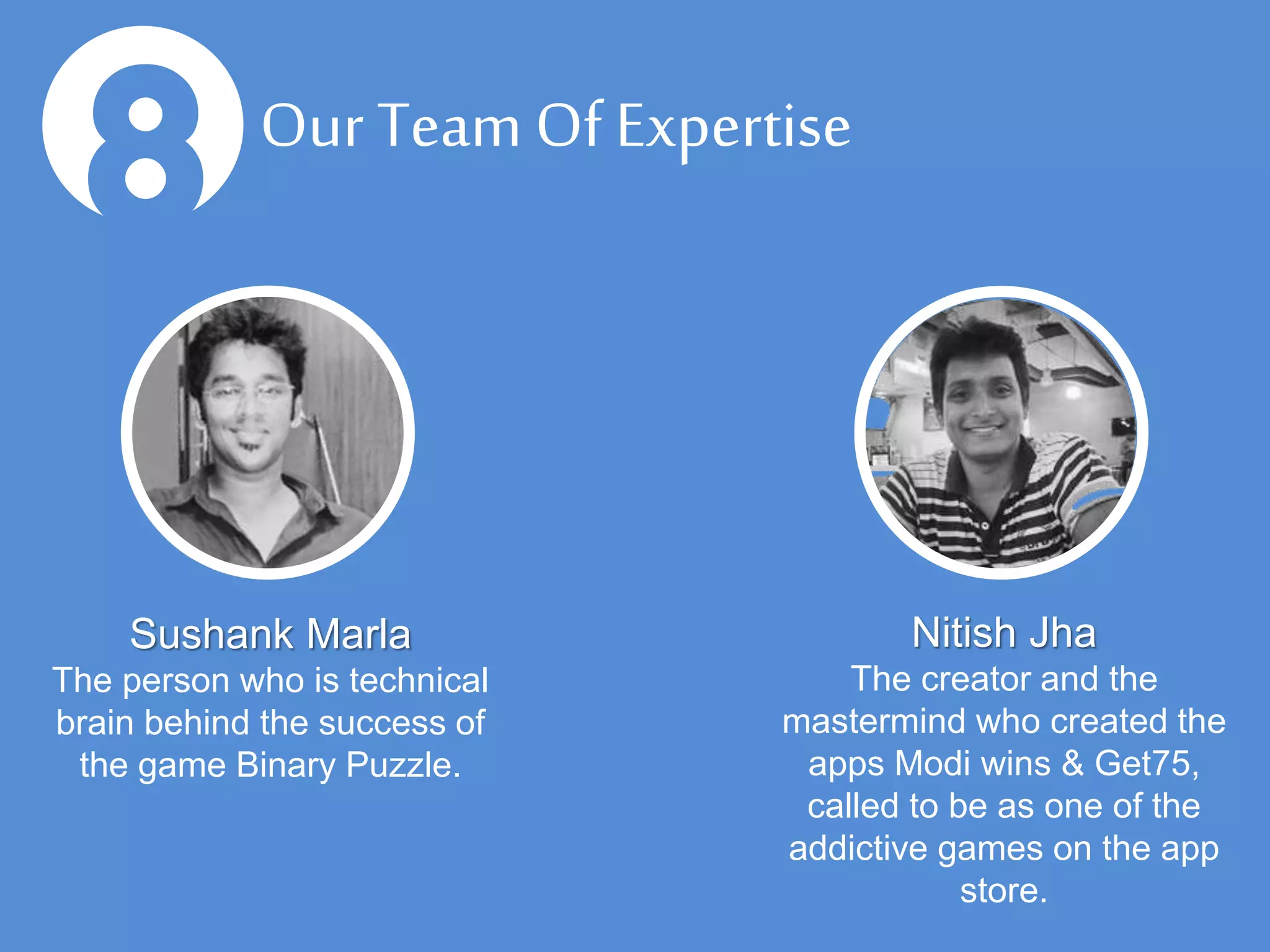 Our Team Of Expertise
9
Sushank Marla
The person who is technical
brain behind the success of
the game Binary Puzzle.
Nitish Jha
The creator and the
mastermind who created the
apps Modi wins & Get75,
called to be as one of the
addictive games on the app
store.
 