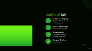 2
3
1 Why Mobile Applications and
what is the purpose?
Context and Purpose
4
How to model the ontology?
Classes & Properties
Entity-relationship diagram
and graphical description.
Representation
Data extrapolation.
Querying Ontology
1
 