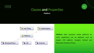 5
Platform
Platform class represent mobile platforms for
which applications can be deployed, such as
Apple's iOS platform, Google's Android and
Microsoft's Windows Phone.
2.3
 