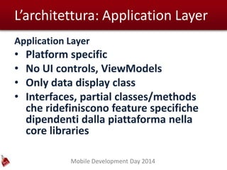 Mobile Development Day 2014
L’architettura: Application Layer
Application Layer
• Platform specific
• No UI controls, ViewModels
• Only data display class
• Interfaces, partial classes/methods
che ridefiniscono feature specifiche
dipendenti dalla piattaforma nella
core libraries
 