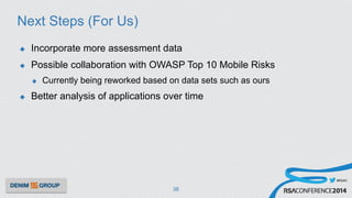 #RSAC
Next Steps (For Us)
u  Incorporate more assessment data
u  Possible collaboration with OWASP Top 10 Mobile Risks
u  Currently being reworked based on data sets such as ours
u  Better analysis of applications over time
38
 