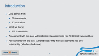 #RSAC
Introduction
u  Data comes from:
u  61 Assessments
u  20 Applications
u  What we found:
u  957 Vulnerabilities
u  Assessment with the most vulnerabilities: 3 assessments had 10 Critical vulnerabilities
u  Assessments with the least vulnerabilities: only three assessments had one
vulnerability (all others had more)
4
 