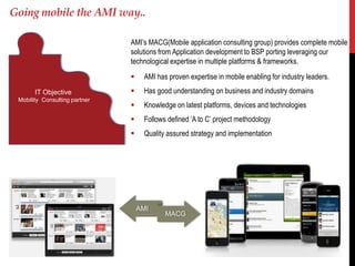 Going mobile the AMI way..

                               AMI’s MACG(Mobile application consulting group) provides complete mobile
                               solutions from Application development to BSP porting leveraging our
                               technological expertise in multiple platforms & frameworks.
                                   AMI has proven expertise in mobile enabling for industry leaders.
       IT Objective                Has good understanding on business and industry domains
 Mobility Consulting partner
                                   Knowledge on latest platforms, devices and technologies
                                   Follows defined ‘A to C’ project methodology
                                   Quality assured strategy and implementation




                                   AMI
                                           MACG
 
