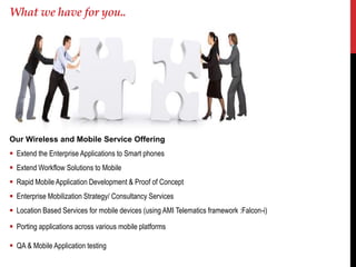 What we have for you..




Our Wireless and Mobile Service Offering
 Extend the Enterprise Applications to Smart phones
 Extend Workflow Solutions to Mobile
 Rapid Mobile Application Development & Proof of Concept
 Enterprise Mobilization Strategy/ Consultancy Services
 Location Based Services for mobile devices (using AMI Telematics framework :Falcon-i)

 Porting applications across various mobile platforms

 QA & Mobile Application testing
 