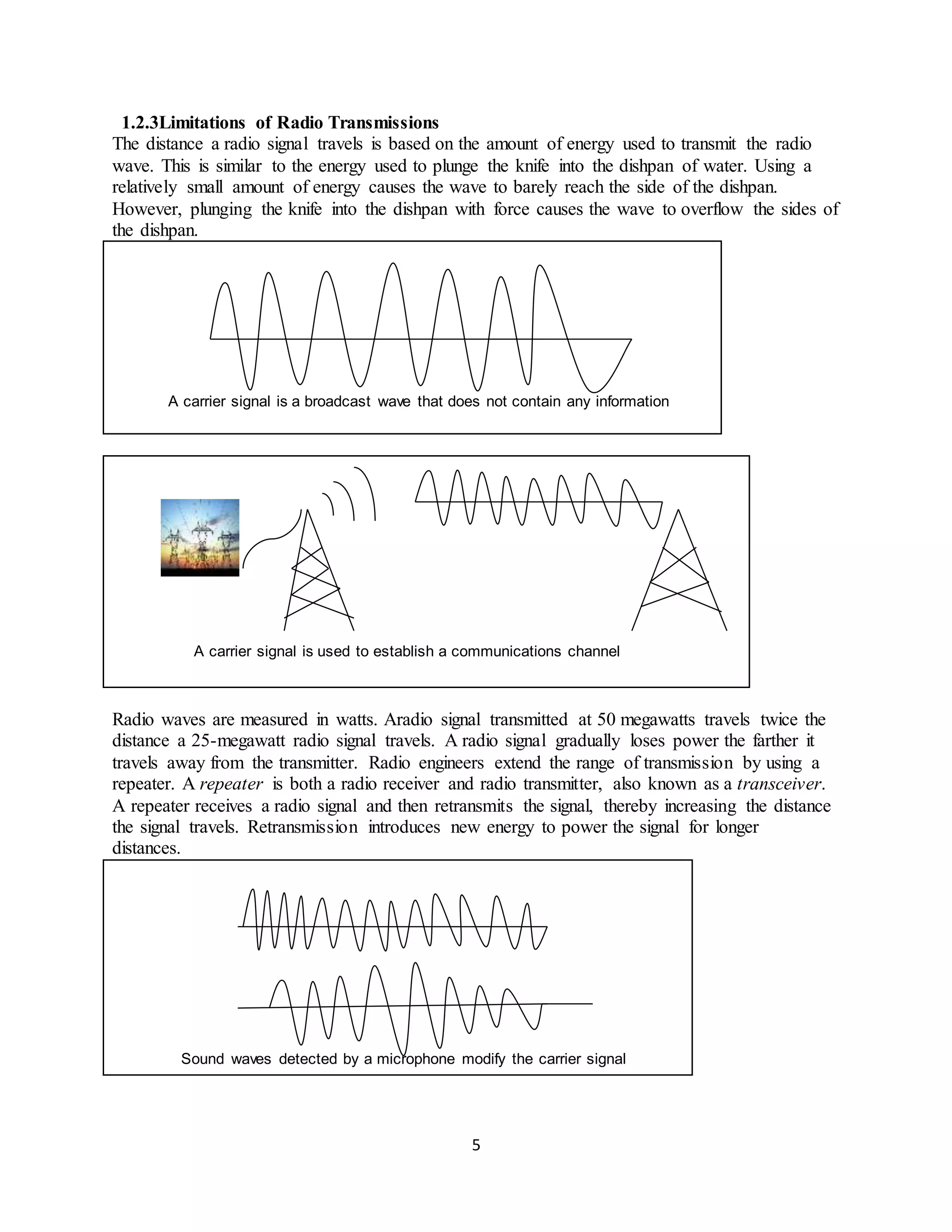 5
1.2.3Limitations of Radio Transmissions
The distance a radio signal travels is based on the amount of energy used to transmit the radio
wave. This is similar to the energy used to plunge the knife into the dishpan of water. Using a
relatively small amount of energy causes the wave to barely reach the side of the dishpan.
However, plunging the knife into the dishpan with force causes the wave to overflow the sides of
the dishpan.
A carrier signal is a broadcast wave that does not contain any information
A carrier signal is used to establish a communications channel
Radio waves are measured in watts. Aradio signal transmitted at 50 megawatts travels twice the
distance a 25-megawatt radio signal travels. A radio signal gradually loses power the farther it
travels away from the transmitter. Radio engineers extend the range of transmission by using a
repeater. A repeater is both a radio receiver and radio transmitter, also known as a transceiver.
A repeater receives a radio signal and then retransmits the signal, thereby increasing the distance
the signal travels. Retransmission introduces new energy to power the signal for longer
distances.
Sound waves detected by a microphone modify the carrier signal
 