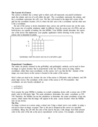 32
The Layout of a Canvas
The canvas is divided into a virtual grid in which each cell represents one pixel.Coordinates
mark the column and row of a cell within the grid . The x coordinate represents the column, and
the y coordinate represents the cell’s row. The first cell located in the upper-left corner of the
grid has the coordinate location of 0, 0, where the first zero is the x coordinate and the other zero
is the y coordinate.
the size of the canvas is device dependent since canvas size and the screen size are the same.
The screen size of a mobile telephone might be different from the screen size of a PDA, and yet
both devices are capable of running the sam MIDlet. Your MIDlet should determine the canvas
size of the device that implements your graphic application before drawing on the screen. The
canvas size is measured in pixels.
X
0 1 2 3
0
1
Y 2
3
Coordinates mark the column and row of a cell within a grid
Proportional Coordinates
The values (in pixels) returned by the getWidth() and getHeight() methods can be used to draw
an image at a given location that is proportional to the size of the canvas by using relative
coordinates rather than exact coordinates on the canvas. Let’s say that the first element of the
image you want drawn on the canvas is located in the center of the canvas.
Here’s what you need to do. Assume the size of the canvas is 200 pixels wide (columns) and 200
pixels high (rows). The coordinate of the center of the canvas is 99, 99 (remember that
coordinates are zero based), calculated as:
x = getWidth()/2
y = getHeight()/2
Now assume the same MIDlet is running on a small computing device with a canvas size of 400
pixels wide by 400 pixels high. The same calculation determines the center coordinate as 199,
199. Therefore, the MIDlet can use the calculation to determine the center coordinate of any size
canvas, which means that the image will appear in the same canvas location when the MIDlet
runs on any device.
The Pen
An image is drawn on a canvas using a virtual pen. Using a virtual pen is very similar to using a
real pen to draw an image on paper. That is, the pen is dropped on the canvas at a specified
coordinate, filling the cell with the color of ink used in the pen. Cells change from their present
color to the color of the ink as the pen is repositioned on the canvas. For example, a horizontal
 