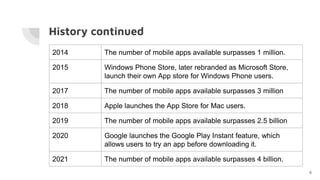 History continued
2014 The number of mobile apps available surpasses 1 million.
2015 Windows Phone Store, later rebranded as Microsoft Store,
launch their own App store for Windows Phone users.
2017 The number of mobile apps available surpasses 3 million
2018 Apple launches the App Store for Mac users.
2019 The number of mobile apps available surpasses 2.5 billion
2020 Google launches the Google Play Instant feature, which
allows users to try an app before downloading it.
2021 The number of mobile apps available surpasses 4 billion.
6
 