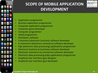 Copyright © Appin Technology Lab 41
SCOPE OF MOBILE APPLICATION
DEVELOPMENT
• Application programmer
• Business application programmer
• Computer application programmer
• Computer game developer
• Computer programmer
• Detail programmer
• Developer, software
• E-business (electronic business) software developer
• E-commerce (electronic commerce) software developer
• Edp (electronic data processing) applications programmer
• Electronic business (e-business) software developer
• Electronic commerce (e-commerce) software developer
• Electronic data processing (edp) applications programmer
• Graphical user interface (gui) designer
• Graphical user interface (gui) developer
 