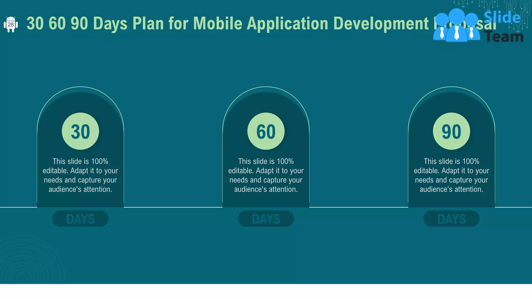 30 60 90 Days Plan for Mobile Application Development Proposal
60
This slide is 100%
editable. Adapt it to your
needs and capture your
audience's attention.
DAYS
90
This slide is 100%
editable. Adapt it to your
needs and capture your
audience's attention.
DAYS
30
This slide is 100%
editable. Adapt it to your
needs and capture your
audience's attention.
DAYS
28
 
