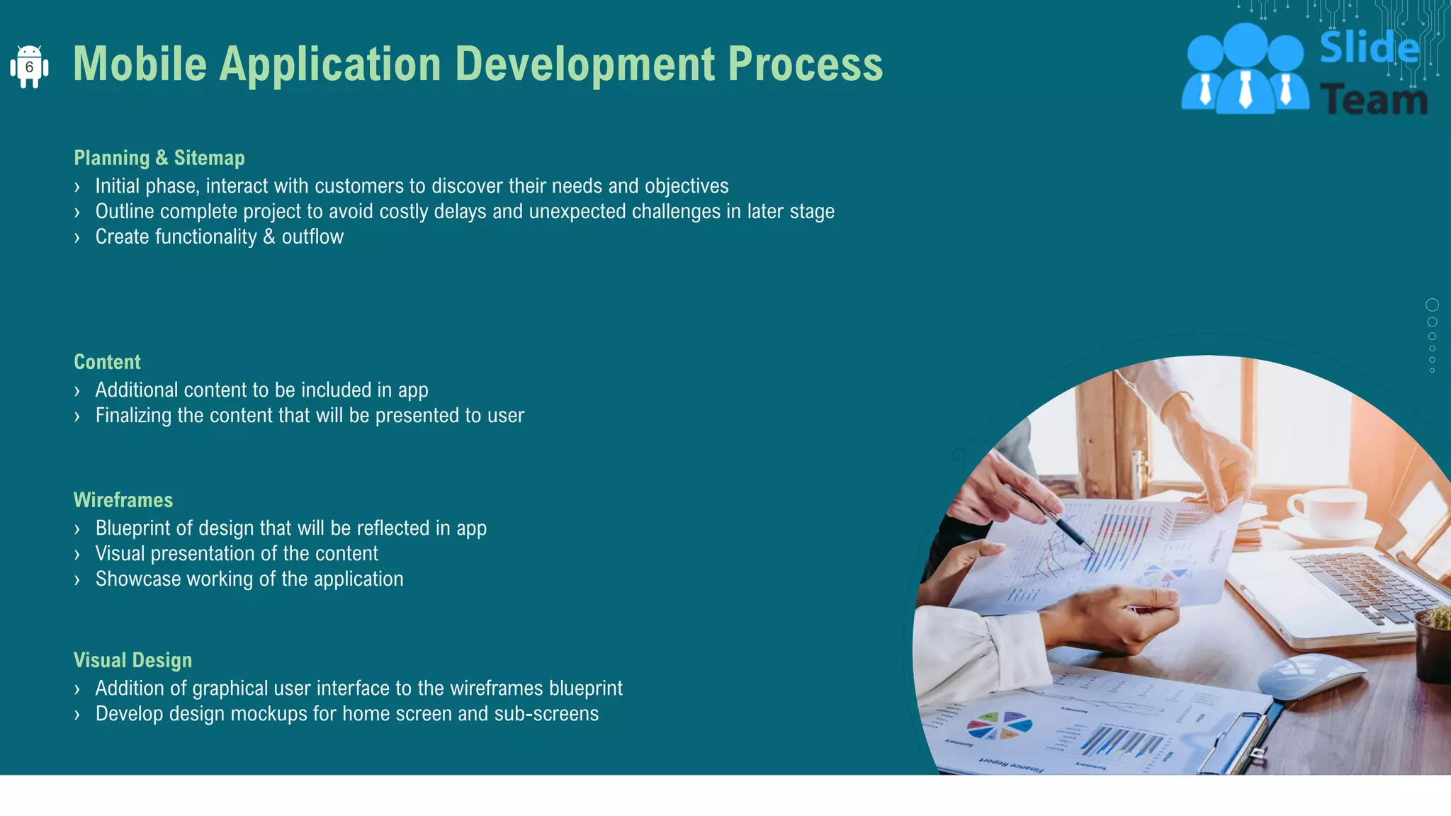 Mobile Application Development Process
Planning & Sitemap
› Initial phase, interact with customers to discover their needs and objectives
› Outline complete project to avoid costly delays and unexpected challenges in later stage
› Create functionality & outflow
Content
› Additional content to be included in app
› Finalizing the content that will be presented to user
Wireframes
› Blueprint of design that will be reflected in app
› Visual presentation of the content
› Showcase working of the application
Visual Design
› Addition of graphical user interface to the wireframes blueprint
› Develop design mockups for home screen and sub-screens
6
 