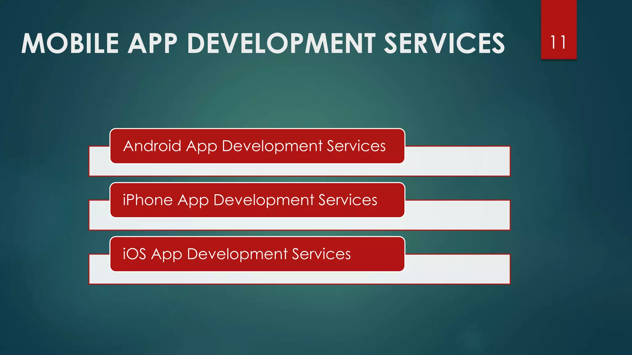 MOBILE APP DEVELOPMENT SERVICES 11 
Android App Development Services 
iPhone App Development Services 
iOS App Development Services 
 