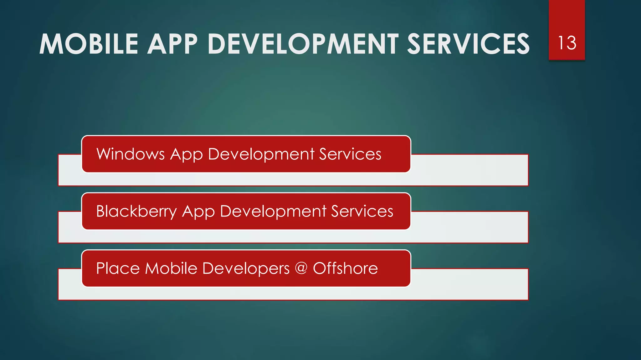 MOBILE APP DEVELOPMENT SERVICES 
Windows App Development Services 
Blackberry App Development Services 
Place Mobile Developers @ Offshore 
13 
 