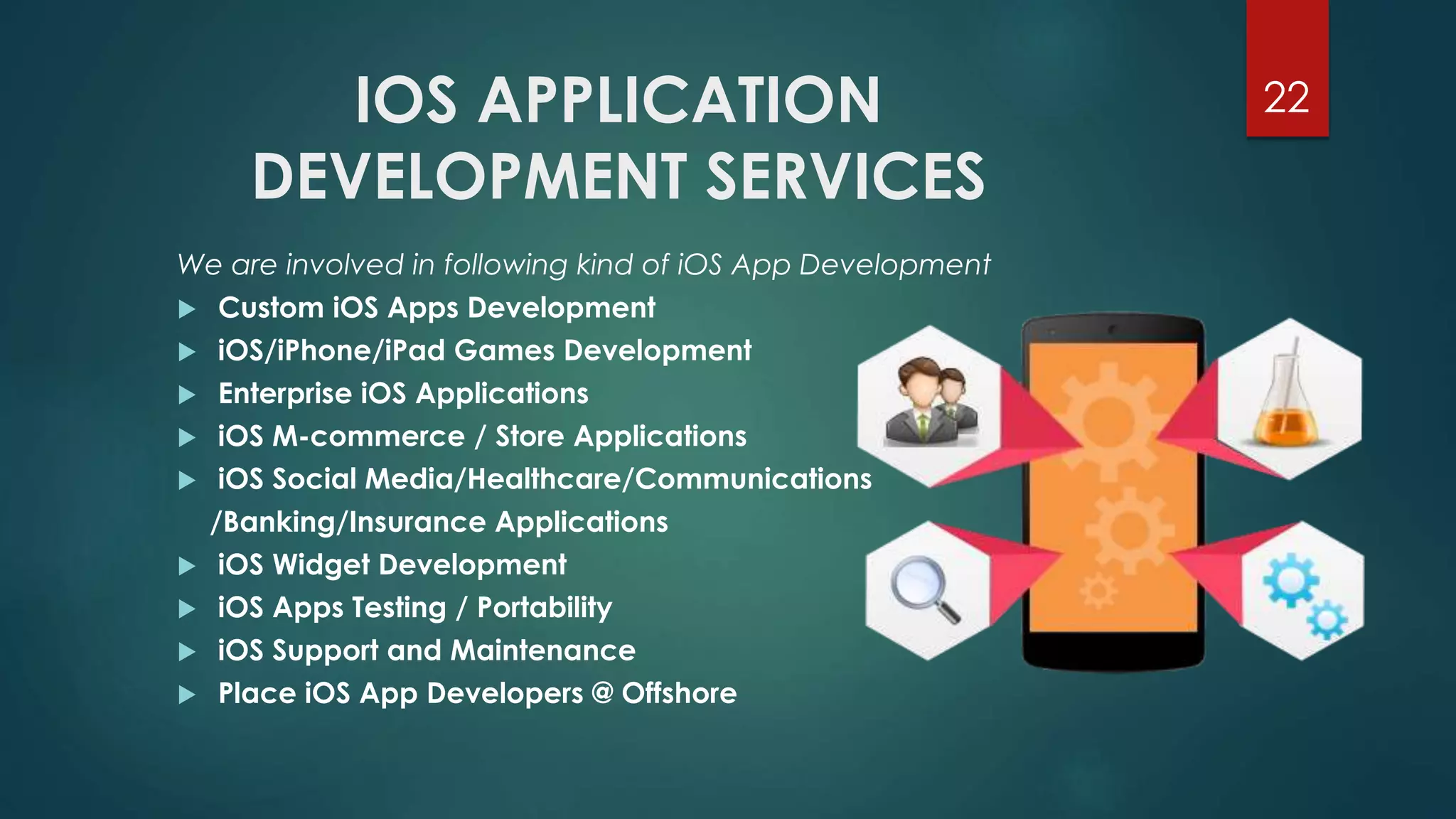 IOS APPLICATION 
DEVELOPMENT SERVICES 
22 
We are involved in following kind of iOS App Development 
 Custom iOS Apps Development 
 iOS/iPhone/iPad Games Development 
 Enterprise iOS Applications 
 iOS M-commerce / Store Applications 
 iOS Social Media/Healthcare/Communications 
/Banking/Insurance Applications 
 iOS Widget Development 
 iOS Apps Testing / Portability 
 iOS Support and Maintenance 
 Place iOS App Developers @ Offshore 
 