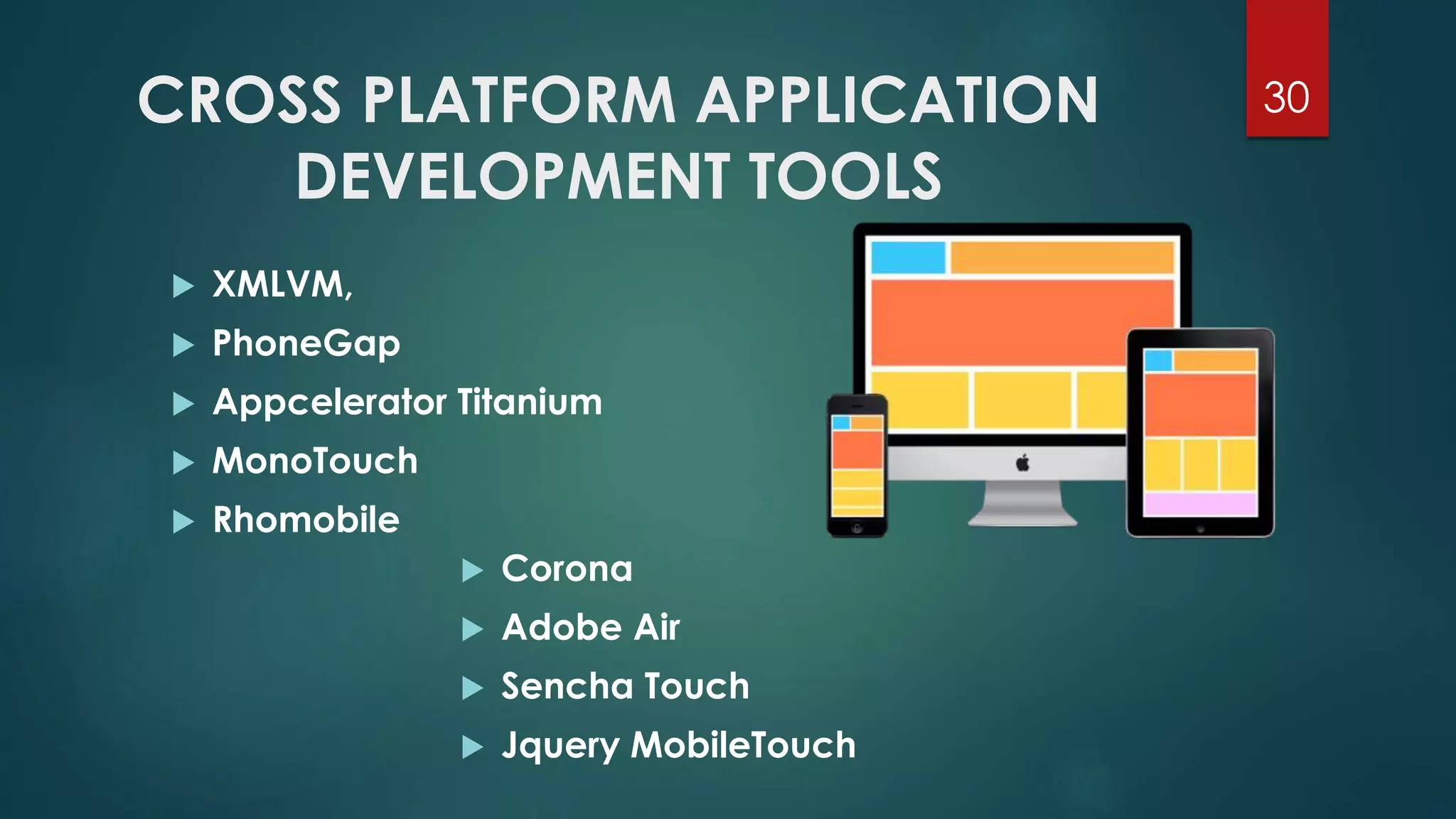 CROSS PLATFORM APPLICATION 
DEVELOPMENT TOOLS 
30 
 XMLVM, 
 PhoneGap 
 Appcelerator Titanium 
 MonoTouch 
 Rhomobile 
 Corona 
 Adobe Air 
 Sencha Touch 
 Jquery MobileTouch 
 