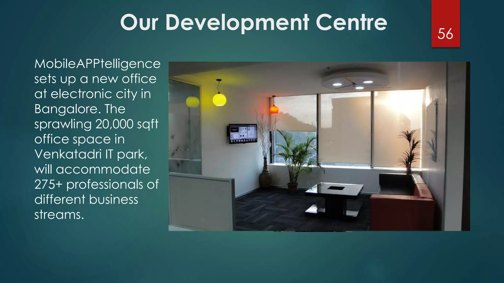 Our Development Centre 
56 
MobileAPPtelligence 
sets up a new office 
at electronic city in 
Bangalore. The 
sprawling 20,000 sqft 
office space in 
Venkatadri IT park, 
will accommodate 
275+ professionals of 
different business 
streams. 
 