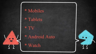 * Mobiles
* Tablets
* TV
* Android Auto
* Watch
 
