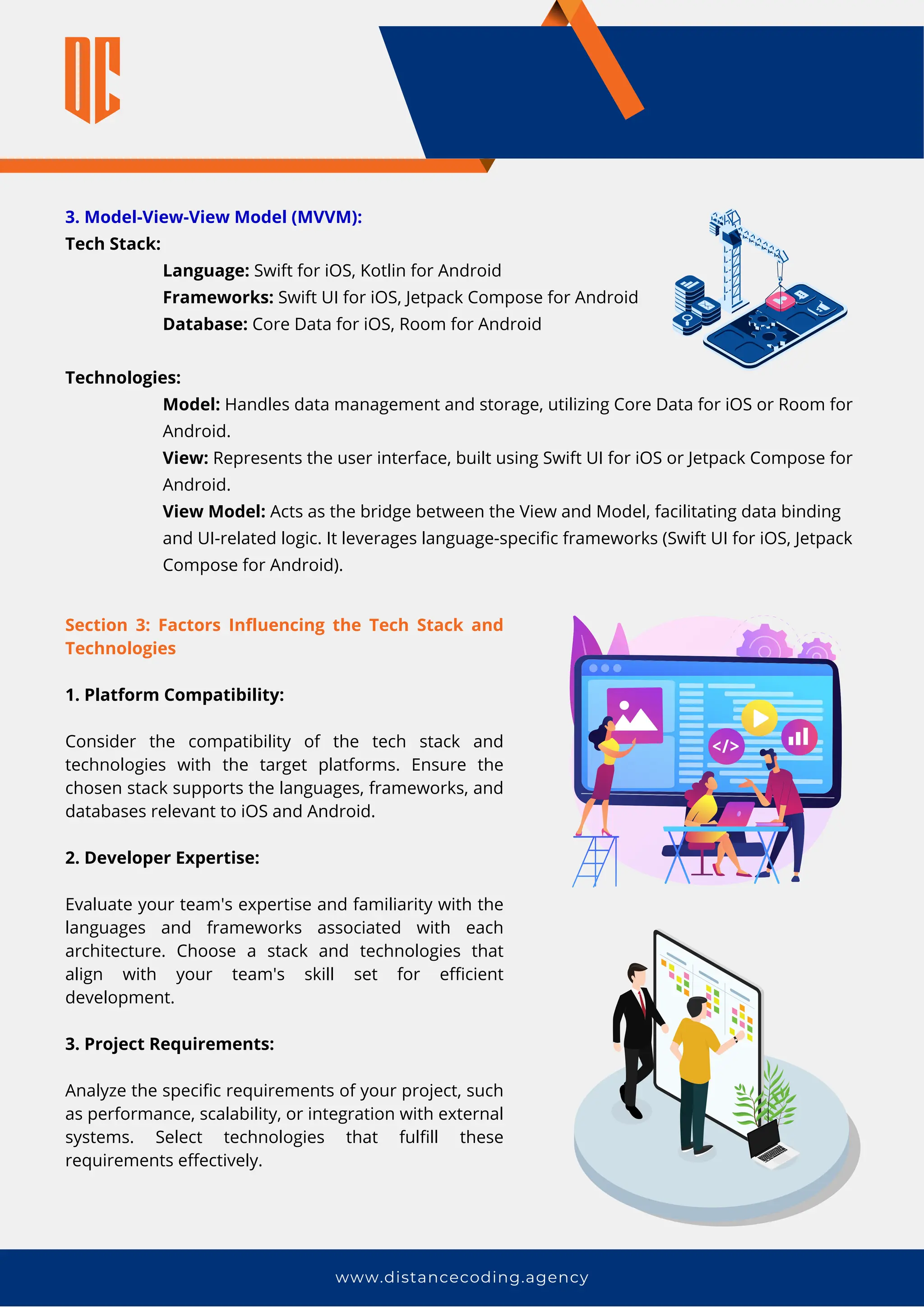 3. Model-View-View Model (MVVM):
Tech Stack:
Language: Swift for iOS, Kotlin for Android
Frameworks: Swift UI for iOS, Jetpack Compose for Android
Database: Core Data for iOS, Room for Android
Technologies:
Model: Handles data management and storage, utilizing Core Data for iOS or Room for
Android.
View: Represents the user interface, built using Swift UI for iOS or Jetpack Compose for
Android.
View Model: Acts as the bridge between the View and Model, facilitating data binding
and UI-related logic. It leverages language-specific frameworks (Swift UI for iOS, Jetpack
Compose for Android).
www.distancecoding.agency
Section 3: Factors Influencing the Tech Stack and
Technologies
1. Platform Compatibility:
Consider the compatibility of the tech stack and
technologies with the target platforms. Ensure the
chosen stack supports the languages, frameworks, and
databases relevant to iOS and Android.
2. Developer Expertise:
Evaluate your team's expertise and familiarity with the
languages and frameworks associated with each
architecture. Choose a stack and technologies that
align with your team's skill set for efficient
development.
3. Project Requirements:
Analyze the specific requirements of your project, such
as performance, scalability, or integration with external
systems. Select technologies that fulfill these
requirements effectively.
 