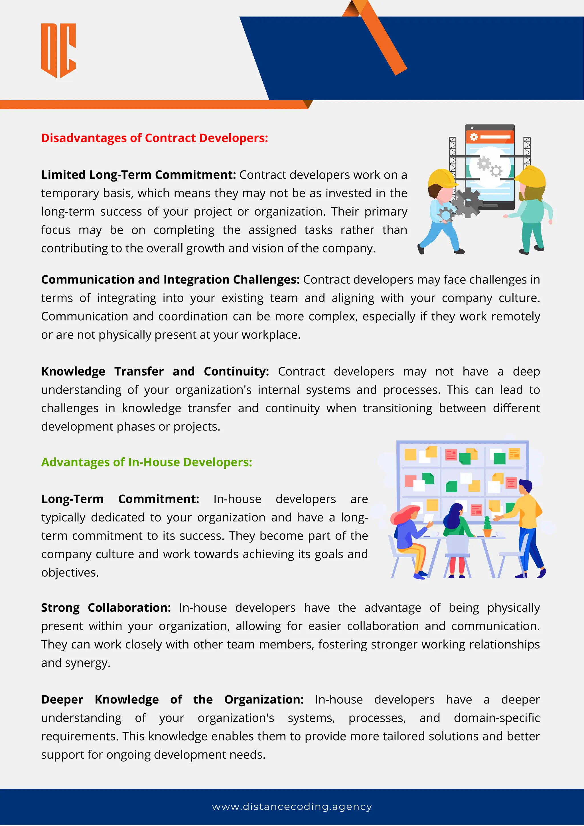www.distancecoding.agency
Disadvantages of Contract Developers:
Limited Long-Term Commitment: Contract developers work on a
temporary basis, which means they may not be as invested in the
long-term success of your project or organization. Their primary
focus may be on completing the assigned tasks rather than
contributing to the overall growth and vision of the company.
Communication and Integration Challenges: Contract developers may face challenges in
terms of integrating into your existing team and aligning with your company culture.
Communication and coordination can be more complex, especially if they work remotely
or are not physically present at your workplace.
Knowledge Transfer and Continuity: Contract developers may not have a deep
understanding of your organization's internal systems and processes. This can lead to
challenges in knowledge transfer and continuity when transitioning between different
development phases or projects.
Advantages of In-House Developers:
Long-Term Commitment: In-house developers are
typically dedicated to your organization and have a long-
term commitment to its success. They become part of the
company culture and work towards achieving its goals and
objectives.
Strong Collaboration: In-house developers have the advantage of being physically
present within your organization, allowing for easier collaboration and communication.
They can work closely with other team members, fostering stronger working relationships
and synergy.
Deeper Knowledge of the Organization: In-house developers have a deeper
understanding of your organization's systems, processes, and domain-specific
requirements. This knowledge enables them to provide more tailored solutions and better
support for ongoing development needs.
 