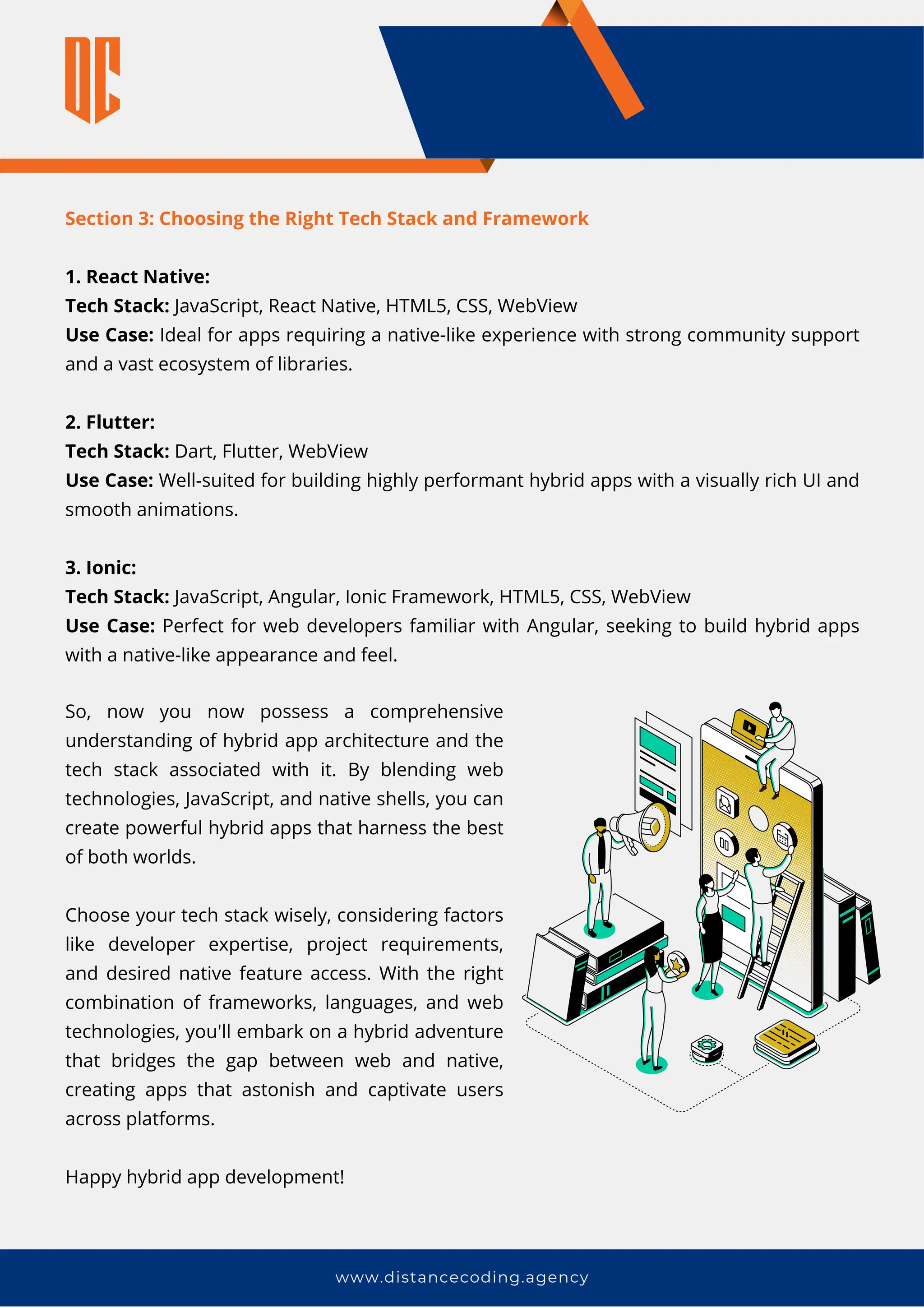 Section 3: Choosing the Right Tech Stack and Framework
1. React Native:
Tech Stack: JavaScript, React Native, HTML5, CSS, WebView
Use Case: Ideal for apps requiring a native-like experience with strong community support
and a vast ecosystem of libraries.
2. Flutter:
Tech Stack: Dart, Flutter, WebView
Use Case: Well-suited for building highly performant hybrid apps with a visually rich UI and
smooth animations.
3. Ionic:
Tech Stack: JavaScript, Angular, Ionic Framework, HTML5, CSS, WebView
Use Case: Perfect for web developers familiar with Angular, seeking to build hybrid apps
with a native-like appearance and feel.
www.distancecoding.agency
So, now you now possess a comprehensive
understanding of hybrid app architecture and the
tech stack associated with it. By blending web
technologies, JavaScript, and native shells, you can
create powerful hybrid apps that harness the best
of both worlds.
Choose your tech stack wisely, considering factors
like developer expertise, project requirements,
and desired native feature access. With the right
combination of frameworks, languages, and web
technologies, you'll embark on a hybrid adventure
that bridges the gap between web and native,
creating apps that astonish and captivate users
across platforms.
Happy hybrid app development!
 