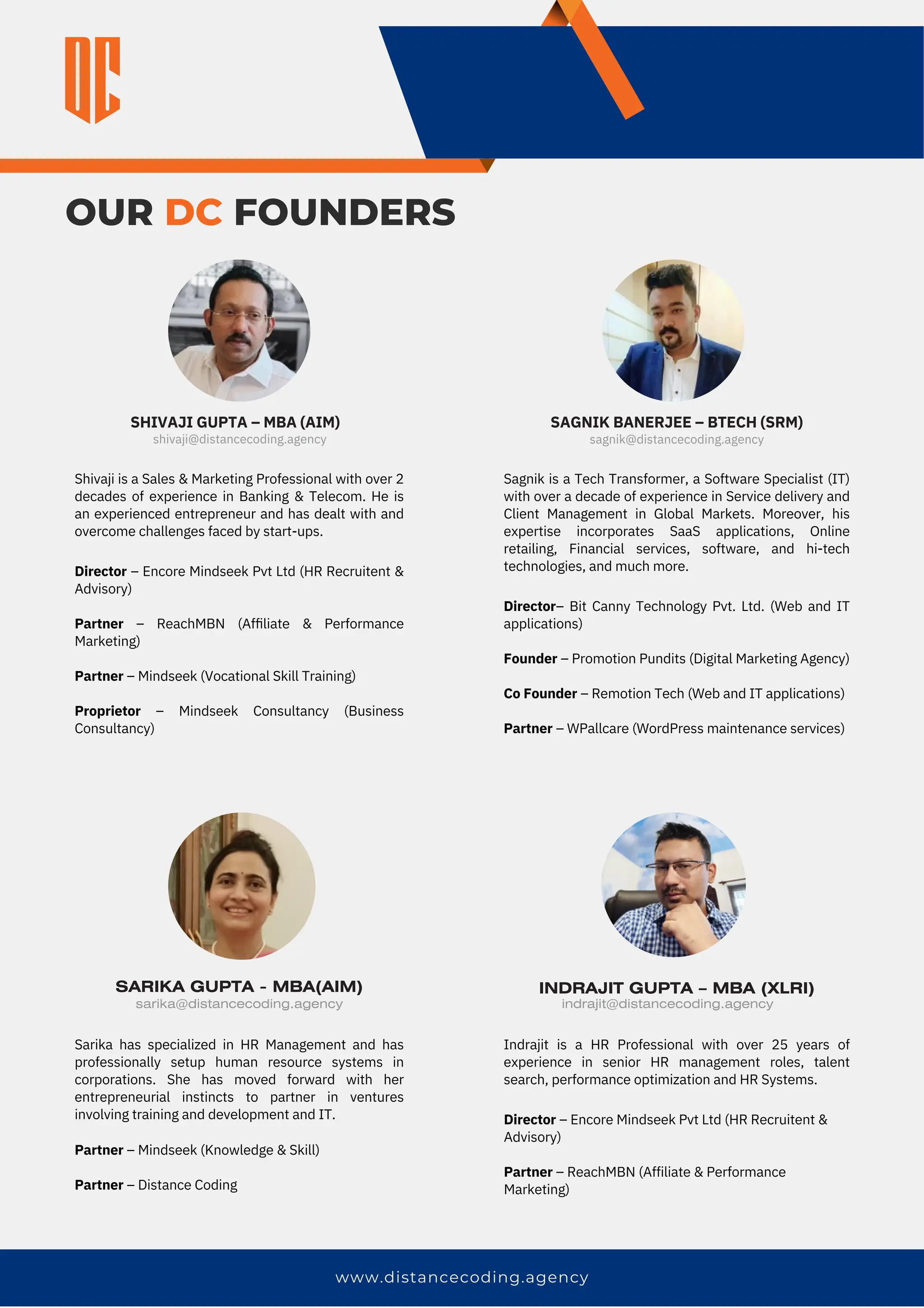www.distancecoding.agency
OUR DC FOUNDERS
SHIVAJI GUPTA – MBA (AIM)
shivaji@distancecoding.agency
Director – Encore Mindseek Pvt Ltd (HR Recruitent &
Advisory)
Partner – ReachMBN (Afﬁliate & Performance
Marketing)
Partner – Mindseek (Vocational Skill Training)
Proprietor – Mindseek Consultancy (Business
Consultancy)
Shivaji is a Sales & Marketing Professional with over 2
decades of experience in Banking & Telecom. He is
an experienced entrepreneur and has dealt with and
overcome challenges faced by start-ups.
SAGNIK BANERJEE – BTECH (SRM)
sagnik@distancecoding.agency
Director– Bit Canny Technology Pvt. Ltd. (Web and IT
applications)
Founder – Promotion Pundits (Digital Marketing Agency)
Co Founder – Remotion Tech (Web and IT applications)
Partner – WPallcare (WordPress maintenance services)
Sagnik is a Tech Transformer, a Software Specialist (IT)
with over a decade of experience in Service delivery and
Client Management in Global Markets. Moreover, his
expertise incorporates SaaS applications, Online
retailing, Financial services, software, and hi-tech
technologies, and much more.
Partner – Mindseek (Knowledge & Skill)
Partner – Distance Coding
Sarika has specialized in HR Management and has
professionally setup human resource systems in
corporations. She has moved forward with her
entrepreneurial instincts to partner in ventures
involving training and development and IT.
SARIKA GUPTA - MBA(AIM)
sarika@distancecoding.agency
INDRAJIT GUPTA – MBA (XLRI)
indrajit@distancecoding.agency
Director – Encore Mindseek Pvt Ltd (HR Recruitent &
Advisory)
Partner – ReachMBN (Affiliate & Performance
Marketing)
Indrajit is a HR Professional with over 25 years of
experience in senior HR management roles, talent
search, performance optimization and HR Systems.
 