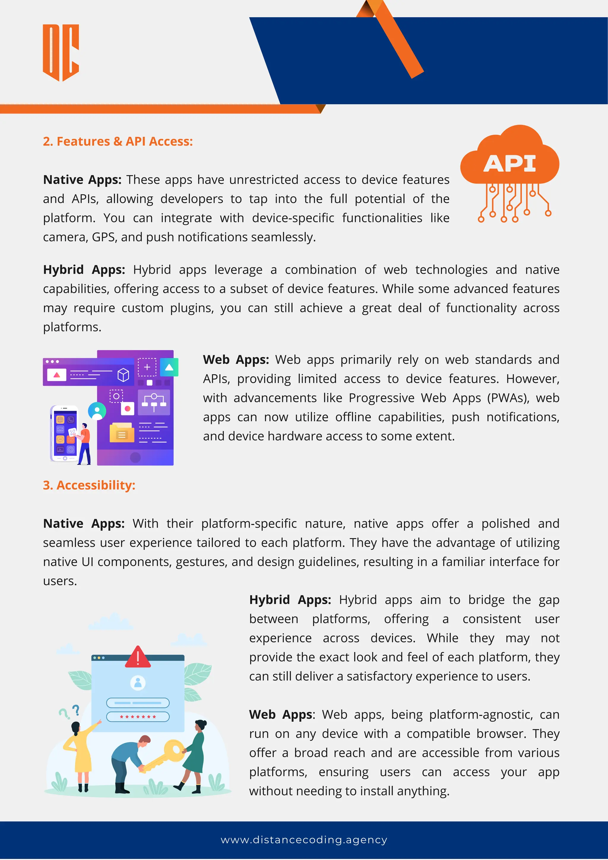 2. Features & API Access:
Native Apps: These apps have unrestricted access to device features
and APIs, allowing developers to tap into the full potential of the
platform. You can integrate with device-specific functionalities like
camera, GPS, and push notifications seamlessly.
www.distancecoding.agency
Hybrid Apps: Hybrid apps leverage a combination of web technologies and native
capabilities, offering access to a subset of device features. While some advanced features
may require custom plugins, you can still achieve a great deal of functionality across
platforms.
Web Apps: Web apps primarily rely on web standards and
APIs, providing limited access to device features. However,
with advancements like Progressive Web Apps (PWAs), web
apps can now utilize offline capabilities, push notifications,
and device hardware access to some extent.
3. Accessibility:
Native Apps: With their platform-specific nature, native apps offer a polished and
seamless user experience tailored to each platform. They have the advantage of utilizing
native UI components, gestures, and design guidelines, resulting in a familiar interface for
users.
Hybrid Apps: Hybrid apps aim to bridge the gap
between platforms, offering a consistent user
experience across devices. While they may not
provide the exact look and feel of each platform, they
can still deliver a satisfactory experience to users.
Web Apps: Web apps, being platform-agnostic, can
run on any device with a compatible browser. They
offer a broad reach and are accessible from various
platforms, ensuring users can access your app
without needing to install anything.
 