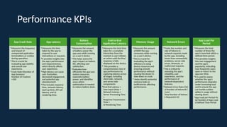 Performance KPIs
App Crash Rate
•Measures the frequency
and impact of
unexpected application
terminations or crashes
during operation.
•This is crucial for
evaluating app stability
and overall user
experience.
•Crash Rate=(Number of
App Sessions/
Number of Crashes)​
×100
App Latency
•Measures the time
taken by the app to
respond to user
interactions or requests.
•It provides insights into
the app’s performance
and responsiveness,
which directly affects
user experience.
•High latency can cause
user frustration,
decreased engagement,
and potential app
abandonment.
•This includes response
time, network latency,
start-up time, API call
latency, and UI
rendering time.
Battery
Consumption
•Measures the amount
of battery power the
app uses while running
on a user’s device.
•This helps assess the
app’s impact on battery
life, affecting user
satisfaction.
•Evaluates how
efficiently the app uses
system resources,
especially battery
power, and identifies
areas where
optimization is needed
to reduce battery drain.
End-to-End
Application Latency
•Measures the total time
taken for a complete
interaction from the
moment a user initiates
an action until the final
response is fully
displayed on the device.
• This provides a
comprehensive view of
app performance by
capturing latency across
all stages, including
client-side, network,
and server-side
components.
•End-End Latency =
User Input Delay +
Network Latency +
Server Processing Time
+
Response Transmission
Time +
UI Rendering Time
Memory Usage
•Measures the amount
of RAM the app
consumes while running
on a user’s device.
•This is crucial for
evaluating the app’s
efficiency in using
device resources and
ensuring smooth
performance without
causing the device to
slow down or crash.
• Helps identify potential
memory leaks or
inefficiencies affecting
performance.
Network Errors
•Tracks the number and
rate of failures in
network requests made
by the app, including
issues from connectivity
problems, server-side
errors, timeouts, or
malformed requests.
•This is critical for
assessing the app’s
reliability, user
experience, and the
performance of
network-dependent
features.
•Network Error Rate=(Tot
al Number of Network E
rrors​
/
Total Number of Networ
k Requests)×10
App Load Per
Period
•Measures the total
number of times the
app is launched within a
defined time-period.
•This provides insights
into user engagement
and the app’s
popularity, indicating
how frequently users
open or return to the
app over time.
•It is used to assess
whether the app's
performance degrades
under increasing load
and to ensure the app
can handle sudden
spikes in usage without
slowing down.
•App Load per Period=To
tal Number of App Load
s​
/Defined Time Period
 