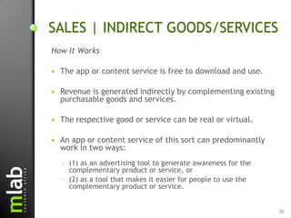 SALES | INDIRECT GOODS/SERVICES
How It Works

   The app or content service is free to download and use.

   Revenue is generated indirectly by complementing existing
    purchasable goods and services.

   The respective good or service can be real or virtual.

   An app or content service of this sort can predominantly
    work in two ways:
    ◦ (1) as an advertising tool to generate awareness for the
      complementary product or service, or
    ◦ (2) as a tool that makes it easier for people to use the
      complementary product or service.


                                                                 30
 