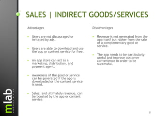 SALES | INDIRECT GOODS/SERVICES
Advantages                                 Disadvantages

   Users are not discouraged or              Revenue is not generated from the
    irritated by ads.                          app itself but rather from the sale
                                               of a complementary good or
                                               service.
   Users are able to download and use
    the app or content service for free.
                                              The app needs to be particularly
                                               useful and improve customer
   An app store can act as a                  convenience in order to be
    marketing, distribution, and               successful.
    payment agent.

   Awareness of the good or service
    can be generated if the app is
    downloaded or the content service
    is used.

   Sales, and ultimately revenue, can
    be boosted by the app or content
    service.


                                                                                     31
 