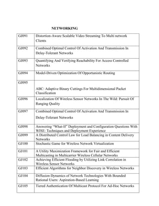 NETWORKING
GJ091

Distortion-Aware Scalable Video Streaming To Multi network
Clients

GJ092

Combined Optimal Control Of Activation And Transmission In
Delay-Tolerant Networks

GJ093

Quantifying And Verifying Reachability For Access Controlled
Networks

GJ094

Model-Driven Optimization Of Opportunistic Routing

GJ095
ABC: Adaptive Binary Cuttings For Multidimensional Packet
Classification
GJ096

Localization Of Wireless Sensor Networks In The Wild: Pursuit Of
Ranging Quality

GJ097

Combined Optimal Control Of Activation And Transmission In
Delay-Tolerant Networks

GJ098
GJ099
GJ100
GJ101
GJ102
GJ103

Answering “What-If” Deployment and Configuration Questions With
WISE: Techniques and Deployment Experience
A Distributed Control Law for Load Balancing in Content Delivery
Networks
Stochastic Game for Wireless Network Virtualization
A Utility Maximization Framework for Fair and Efficient
Multicasting in Multicarrier Wireless Cellular Networks
Achieving Efficient Flooding by Utilizing Link Correlation in
Wireless Sensor Networks
Efficient Algorithms for Neighbor Discovery in Wireless Networks

GJ104

Diffusion Dynamics of Network Technologies With Bounded
Rational Users: Aspiration-Based Learning

GJ105

Tiered Authentication Of Multicast Protocol For Ad-Hoc Networks

 