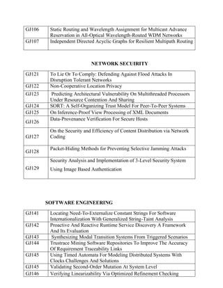 GJ106
GJ107

Static Routing and Wavelength Assignment for Multicast Advance
Reservation in All-Optical Wavelength-Routed WDM Networks
Independent Directed Acyclic Graphs for Resilient Multipath Routing

NETWORK SECUIRITY
GJ121
GJ122
GJ123
GJ124
GJ125
GJ126
GJ127
GJ128

To Lie Or To Comply: Defending Against Flood Attacks In
Disruption Tolerant Networks
Non-Cooperative Location Privacy
Predicting Architectural Vulnerability On Multithreaded Processors
Under Resource Contention And Sharing
SORT: A Self-Organizing Trust Model For Peer-To-Peer Systems
On Inference-Proof View Processing of XML Documents
Data-Provenance Verification For Secure Hosts
On the Security and Efficiency of Content Distribution via Network
Coding
Packet-Hiding Methods for Preventing Selective Jamming Attacks
Security Analysis and Implementation of 3-Level Security System

GJ129

Using Image Based Authentication

SOFTWARE ENGINEERING
GJ141
GJ142
GJ143
GJ144
GJ145
GJ145
GJ146

Locating Need-To-Externalize Constant Strings For Software
Internationalization With Generalized String-Taint Analysis
Proactive And Reactive Runtime Service Discovery A Framework
And Its Evaluation
Synthesizing Modal Transition Systems From Triggered Scenarios
Trustrace Mining Software Repositories To Improve The Accuracy
Of Requirement Traceability Links
Using Timed Automata For Modeling Distributed Systems With
Clocks Challenges And Solutions
Validating Second-Order Mutation At System Level
Verifying Linearizability Via Optimized Refinement Checking

 