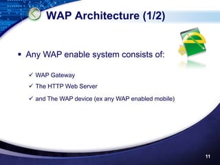 WAP Architecture (1/2)


 Any WAP enable system consists of:

   WAP Gateway
   The HTTP Web Server

   and The WAP device (ex any WAP enabled mobile)




                                                     11
 