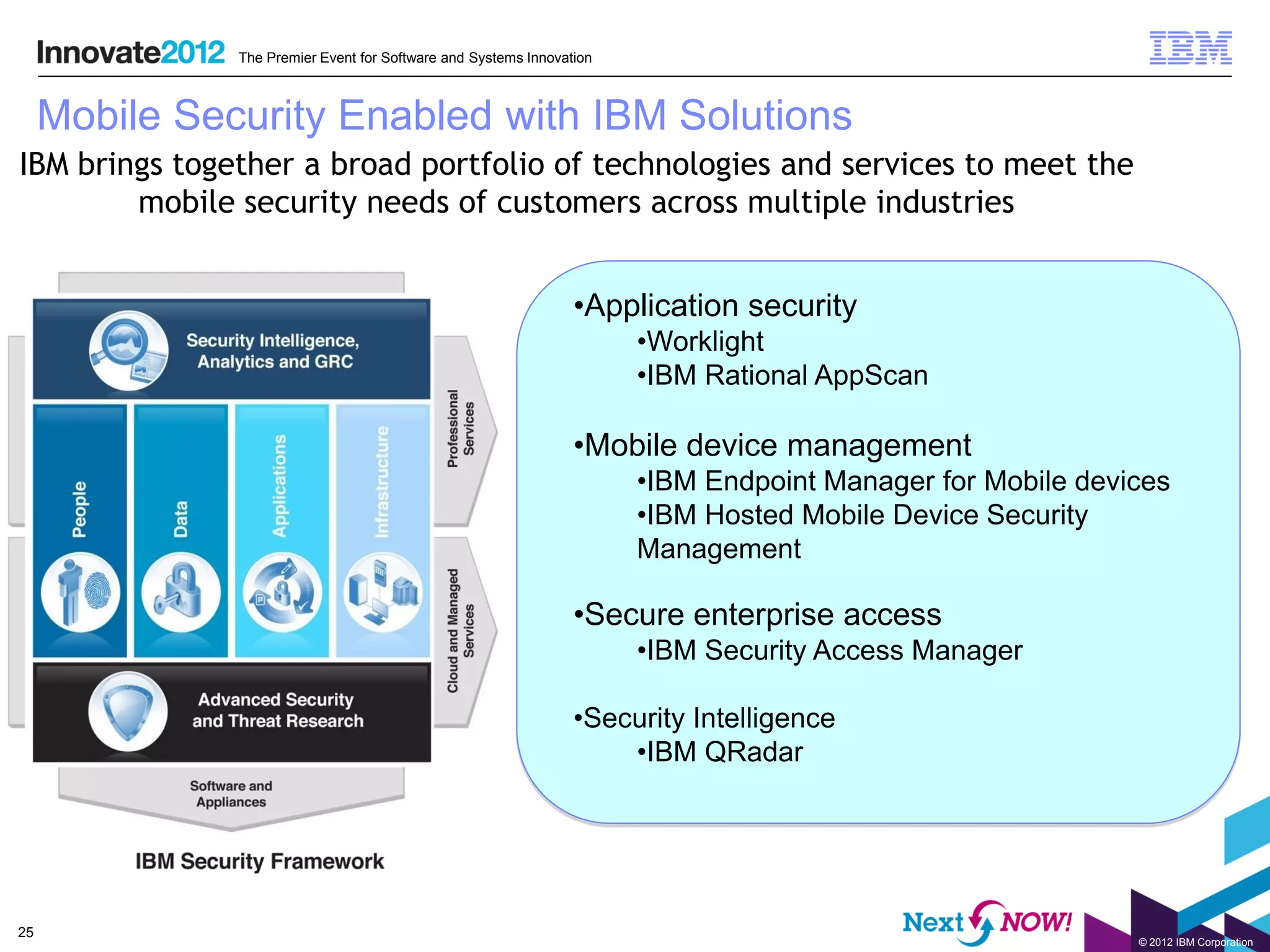 The Premier Event for Software and Systems Innovation



     Mobile Security Enabled with IBM Solutions
IBM brings together a broad portfolio of technologies and services to meet the
        mobile security needs of customers across multiple industries


                                                                 •Application security
                                                                       •Worklight
                                                                       •IBM Rational AppScan

                                                                 •Mobile device management
                                                                       •IBM Endpoint Manager for Mobile devices
                                                                       •IBM Hosted Mobile Device Security
                                                                       Management

                                                                 •Secure enterprise access
                                                                       •IBM Security Access Manager

                                                                 •Security Intelligence
                                                                     •IBM QRadar




25
                                                                                                            © 2012 IBM Corporation
 