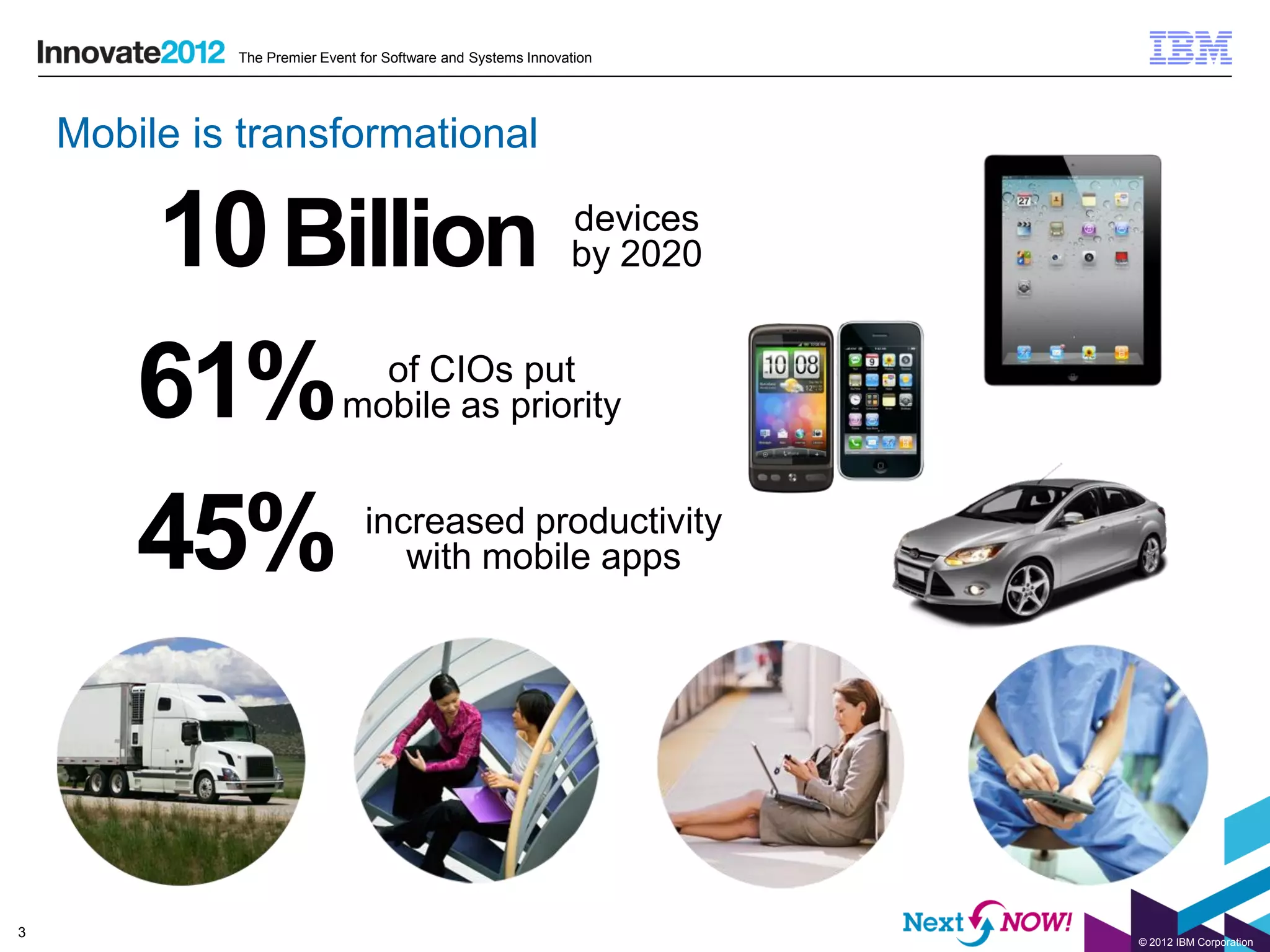 The Premier Event for Software and Systems Innovation




    Mobile is transformational

        10 Billion                                            devices
                                                              by 2020



        61%                   of CIOs put
                            mobile as priority



        45%                    increased productivity
                                  with mobile apps




3
                                                                        © 2012 IBM Corporation
 