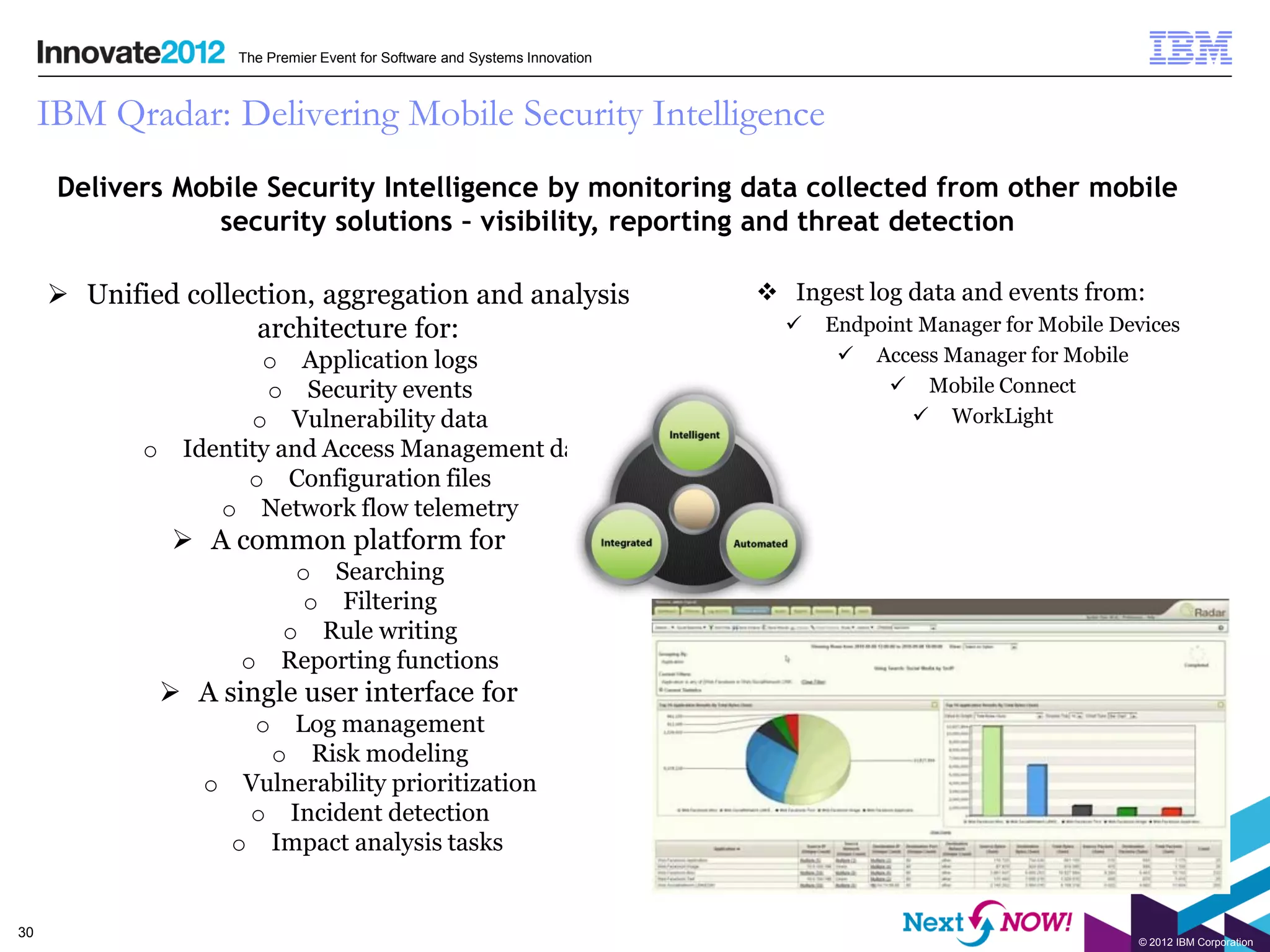 The Premier Event for Software and Systems Innovation



     IBM Qradar: Delivering Mobile Security Intelligence
      Delivers Mobile Security Intelligence by monitoring data collected from other mobile
                  security solutions – visibility, reporting and threat detection

      Unified collection, aggregation and analysis                            Ingest log data and events from:
                     architecture for:                                             Endpoint Manager for Mobile Devices
                        o Application logs                                            Access Manager for Mobile
                         o Security events                                                Mobile Connect
                       o Vulnerability data                                                  WorkLight
            o    Identity and Access Management data
                       o Configuration files
                    o Network flow telemetry
                  A common platform for
                             o Searching
                             o Filtering
                            o Rule writing
                      o     Reporting functions
                 A single user interface for
                        oLog management
                       o Risk modeling
                   o Vulnerability prioritization
                      o Incident detection
                     o Impact analysis tasks


30
                                                                                                                  © 2012 IBM Corporation
 