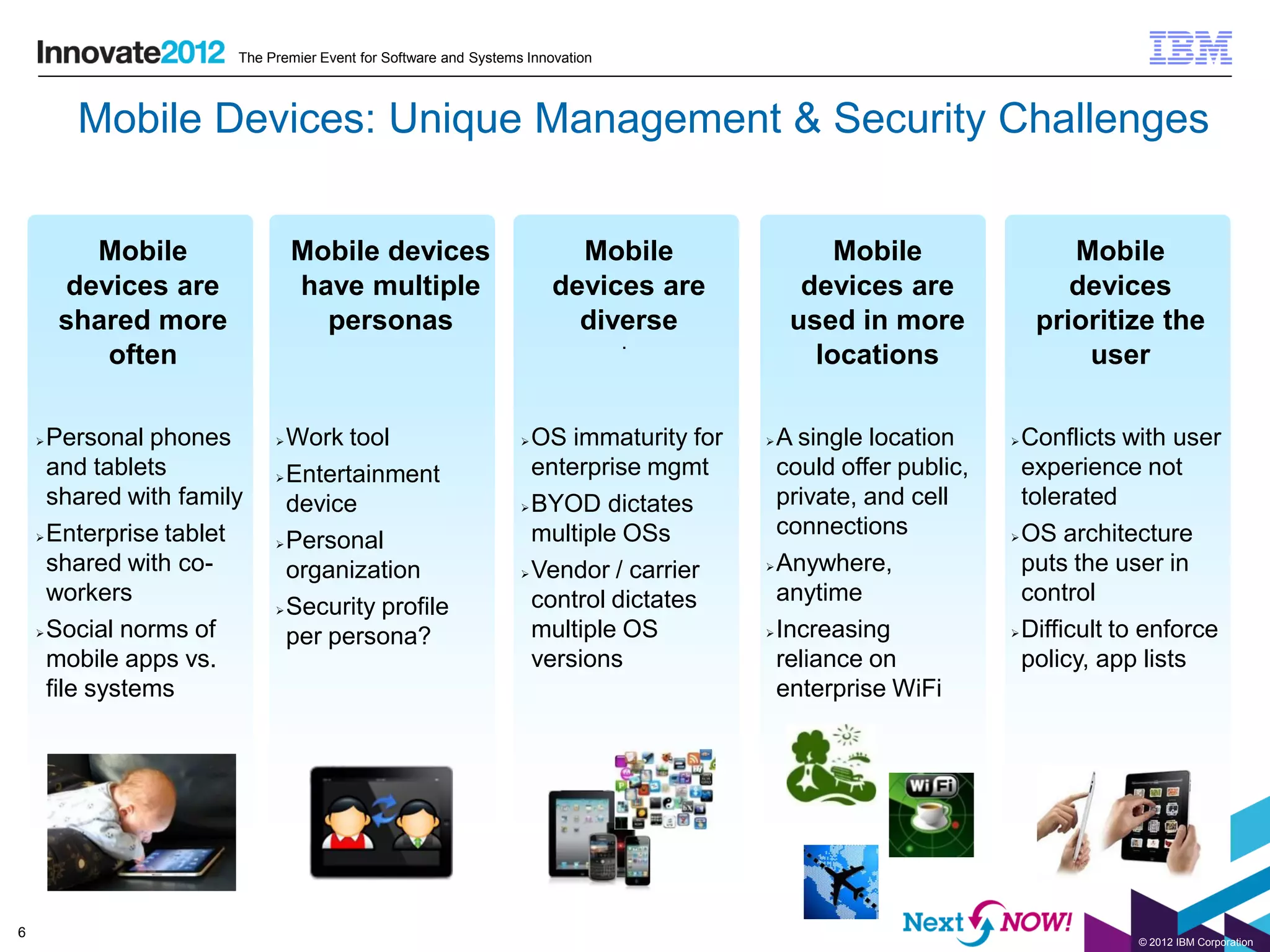 The Premier Event for Software and Systems Innovation



         Mobile Devices: Unique Management & Security Challenges


          Mobile                Mobile devices                          Mobile                 Mobile                 Mobile
        devices are             have multiple                         devices are           devices are               devices
        shared more               personas                              diverse            used in more            prioritize the
                                                                               .
           often                                                                             locations                 user

     Personal phones        Work tool                           OS immaturity for    A single location      Conflicts with user
      and tablets            Entertainment
                                                                   enterprise mgmt       could offer public,     experience not
      shared with family      device                              BYOD dictates
                                                                                         private, and cell       tolerated
     Enterprise tablet                                            multiple OSs          connections            OS architecture
                             Personal

      shared with co-         organization                        Vendor / carrier
                                                                                        Anywhere,               puts the user in
      workers                                                      control dictates      anytime                 control
                             Security profile

     Social norms of                                              multiple OS          Increasing             Difficult to enforce
                              per persona?
      mobile apps vs.                                              versions              reliance on             policy, app lists
      file systems                                                                       enterprise WiFi




6
                                                                                                                            © 2012 IBM Corporation
 