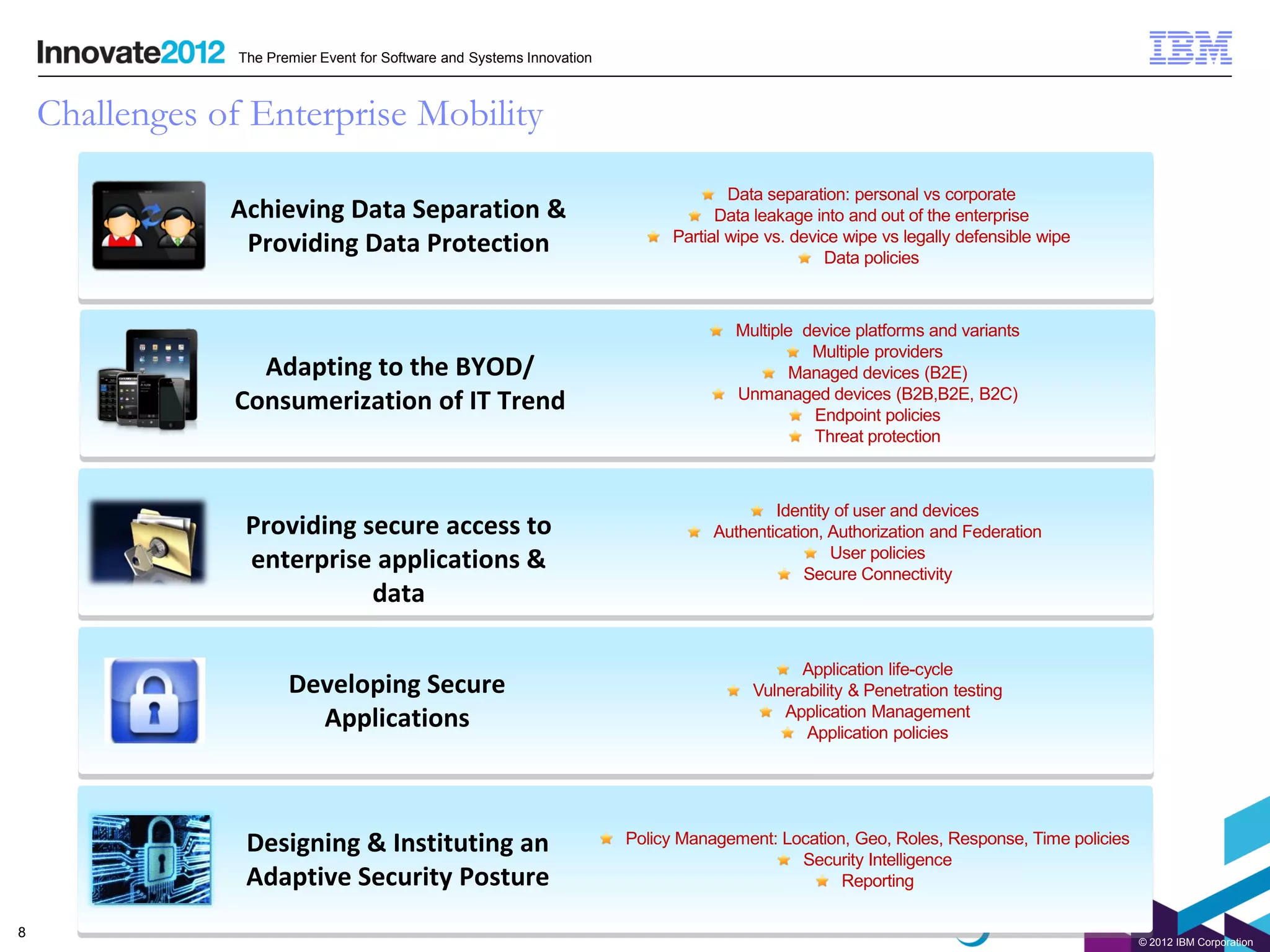 The Premier Event for Software and Systems Innovation



    Challenges of Enterprise Mobility
                                                                                      Data separation: personal vs corporate
                Achieving Data Separation &                                         Data leakage into and out of the enterprise
                                                                              Partial wipe vs. device wipe vs legally defensible wipe
                 Providing Data Protection                                                         Data policies



                                                                                      Multiple device platforms and variants
                                                                                                Multiple providers
                  Adapting to the BYOD/                                                      Managed devices (B2E)
                                                                                      Unmanaged devices (B2B,B2E, B2C)
                Consumerization of IT Trend                                                     Endpoint policies
                                                                                                Threat protection



                                                                                            Identity of user and devices
                  Providing secure access to                                        Authentication, Authorization and Federation
                                                                                                    User policies
                  enterprise applications &                                                     Secure Connectivity
                             data

                                                                                               Application life-cycle
                        Developing Secure                                                Vulnerability & Penetration testing
                                                                                             Application Management
                          Applications                                                          Application policies




                  Designing & Instituting an                             Policy Management: Location, Geo, Roles, Response, Time policies
                                                                                              Security Intelligence
                  Adaptive Security Posture                                                         Reporting

8
                                                                                                                                            © 2012 IBM Corporation
 