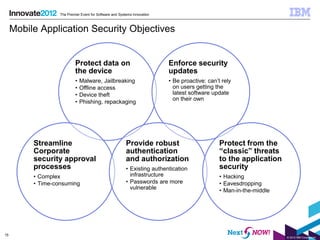 The Premier Event for Software and Systems Innovation



     Mobile Application Security Objectives


                            Protect data on                                Enforce security
                            the device                                     updates
                            •   Malware, Jailbreaking                      • Be proactive: can’t rely
                            •   Offline access                               on users getting the
                            •   Device theft                                 latest software update
                                                                             on their own
                            •   Phishing, repackaging




          Streamline                                      Provide robust                        Protect from the
          Corporate                                       authentication                        “classic” threats
          security approval                               and authorization                     to the application
          processes                                       • Existing authentication             security
          • Complex                                         infrastructure                      • Hacking
          • Time-consuming                                • Passwords are more                  • Eavesdropping
                                                            vulnerable                          • Man-in-the-middle




15
                                                                                                                      © 2012 IBM Corporation
 
