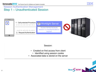 The Premier Event for Software and Systems Innovation

     Session Authentication Management
     Step 1 – Unauthenticated Session



               1. Call protected Procedure
                                                               Worklight Server
                                                             Access denied because
                                                           session is unauthenticated or
                                                                      expired
               2. Request Authentication




                                                                     Session:

                                        • Created on first access from client
                                          • Identified using session cookie
                                      • Associated data is stored on the server




21
                                                                                           © 2012 IBM Corporation
 