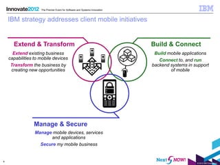 The Premier Event for Software and Systems Innovation



    IBM strategy addresses client mobile initiatives


      Extend & Transform                                                    Build & Connect
      Extend existing business                                               Build mobile applications
    capabilities to mobile devices                                             Connect to, and run
     Transform the business by                                              backend systems in support
     creating new opportunities                                                     of mobile




                Manage & Secure
                 Manage mobile devices, services
                       and applications
                   Secure my mobile business


4
                                                                                                © 2012 IBM Corporation
 