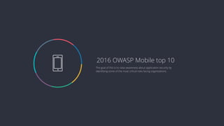  The goal of this is to raise awareness about application security by
identifying some of the most critical risks facing organizations.
2016 OWASP Mobile top 10
 