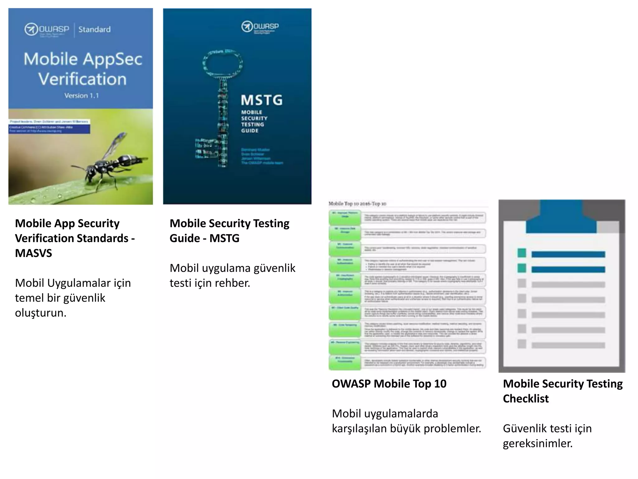 OWASP Mobile Top 10
Mobil uygulamalarda
karşılaşılan büyük problemler.
Mobile App Security
Verification Standards -
MASVS
Mobil Uygulamalar için
temel bir güvenlik
oluşturun.
Mobile Security Testing
Guide - MSTG
Mobil uygulama güvenlik
testi için rehber.
Mobile Security Testing
Checklist
Güvenlik testi için
gereksinimler.
 